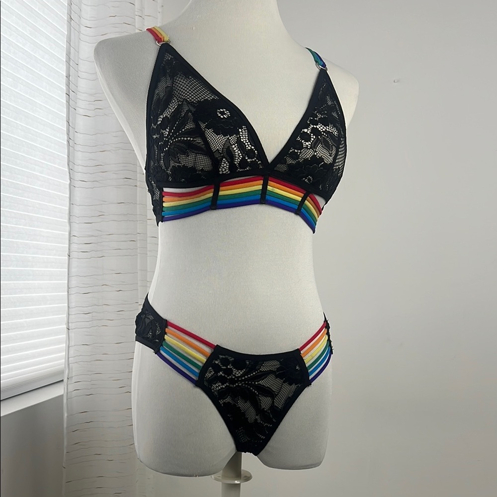Black Lace & Pride Rainbow lingerie Bra Panty Set OS S M